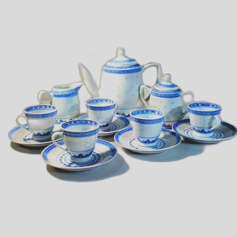 Vintage Blue and White Rice Pattern Porcelain Teapot Set with 5 Cups & Saucers
